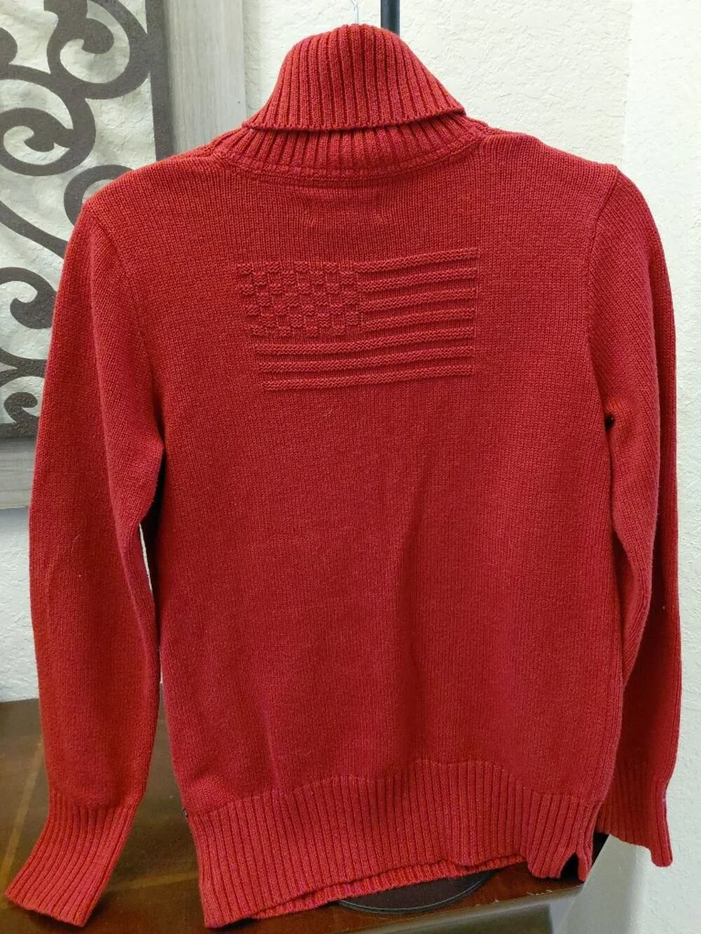 Vintage Polo Ralph Lauren Mens Red Cotton Quarter Zip Sweater Medium Flag Back